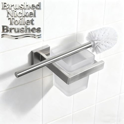 Toilet Brush and Holder Set, NEWRAIN 304 Stainless Steel Wall Mounted Toilet Brush with Long Brush Handle, Brushed Nickel Toilet Scrubber, Glass Canister - color: Brushed Nickel