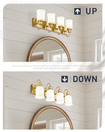 Bathroom Light Fixtures 4-Lights, HWH Brushed Gold Vanity Light Modern Bathroom Vanity Lights Over Mirror, 26'' Antique Brass Vanity Light with Frosted White Bell-Shaped Fluted Glass, 5HZG106B-4W BG - color: Brushed Gold, size: 4-Light