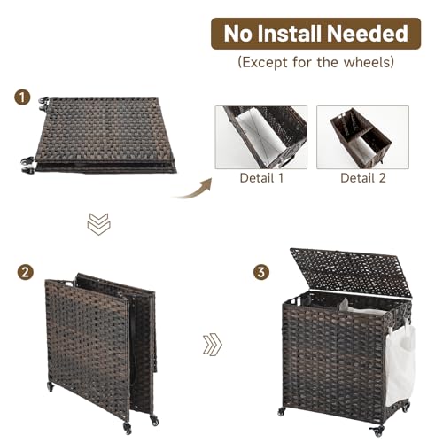 Laundry Hamper with Wheels, 39.6 Gallon(150L) Rolling Laundry Basket with Lid, Removable Large 2 Color Liners & 3 Mesh Laundry Bags, Clothes Hamper with Side Pocket, Brown - color: Brown, size: 23.62"L x 15.75"W x 25.6"H