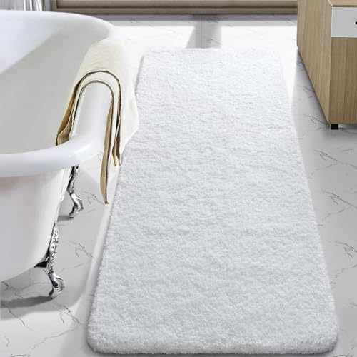 LOCHAS Bathroom Rug Runner 24x54 Inch, Bath Rugs Non Slip, White | Soft Thick Absorbent Washable, Shaggy Plush Bath Mat for for Tub, Shower Floor, Quick Dry - color: White, size: 54x24 inch (Rectangular)