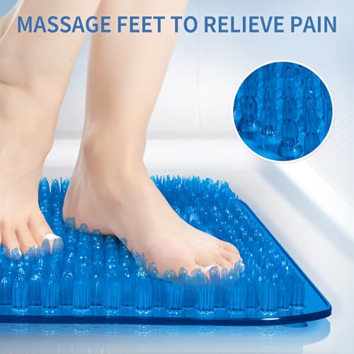 Yolife Shower Foot Scrubber Mat, Anti-Slip Bath Mat with Scrub Bristles, Soft Shower Foot Massager with Strong Suction Cups for Soothe Achy Feet, 25.6" x 13.4" - color: Dark Blue, size: 25.6" x 13.4" (Rectangular)