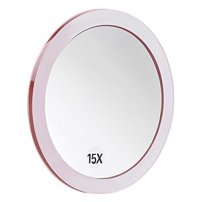 SANTOO 15X Magnifying Mirror - with 3 Mounting Suction Cups - Used for Precise Makeup - Eyebrows/Tweezing - Blackhead/Blemish Removal - Bathroom/Travel Makeup Mirror - 6 Inch Round (Rose Gold) - color: 15x