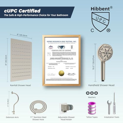 Hibbent All Metal CUPC Certified Shower Head, 8'' High Pressure Rainfall Shower Head, Handheld Showerhead Combo, 12'' Adjustable Extension Arm, 10 Sprays, 71'' Hose, Showerhead Holder, Brushed Nickel - color: Brushed Nickel, style: Square 8''
