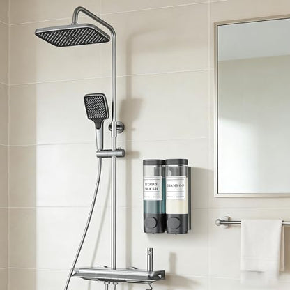 Shampoo and Conditioner Dispenser Bathroom Shower Soap Dispenser Wall Mounted Shampoo Dispenser for Shower Wall No Drill 2 * 300ml Black 2 Chamber with Waterproof Labels - color: Black 2