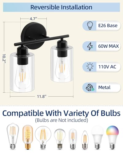 Modern Vanity Lights - Matte Black, Clear Glass Shade, Wall Sconce for Bathroom & Bedroom, 2 Pack - color: Matte Black, size: 2 Light - 2 pack