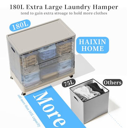 Extra Large Laundry Hamper with Lid Wheels 180L | Fits Large Families, Industries, Heavy-Duty Frame, 4 Smooth Wheels, Dust-Free Lid, Easy-Clean Plastic, Foldable Assembly - color: Milky, size: 180L