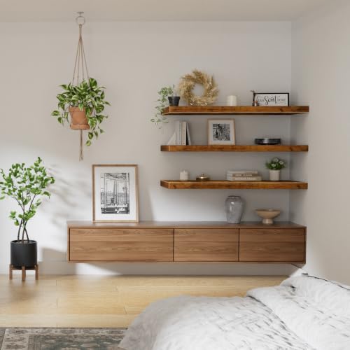 QEEIG 12" Deep Floating Shelves for Wall - 12 x 36 inch Book Shelf Bathroom Bedroom Kitchen Living Room Hanging Bookshelf Farmhouse Set of 3, Brown (026-90BN3) - color: A. Brown, size: 35.4" x 12"