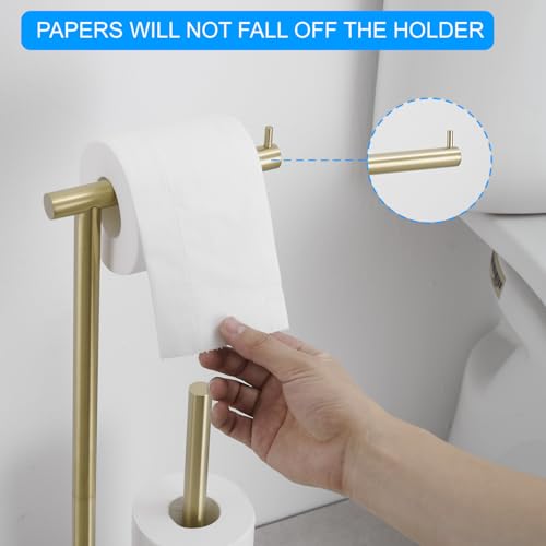 FFK Toilet Paper Holder Free Standing, 21.5" Bathroom Toilet Tissue Roll Holder Stand with Storage, SUS304 Stainless Steel Rustproof, Gold - color: Brushed Gold