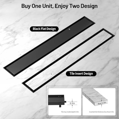 Linear Shower Drain, 304 Stainless Steel with Adjustable Leveling Feet, Hair Strainer,Reversely Install Place to Create an Invisible Floor Drain- Black -12-Inch - color: Matte Black, size: 12inch