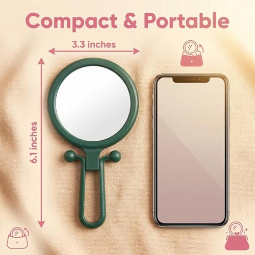 Magnifying Handheld Mirror Double Sided, Travel Makeup Hand Mirrors with 1X 2X Magnification, Small Hand/Desk Vanity Mirror (1Pc Dark Green) - color: 1pc Dark Green