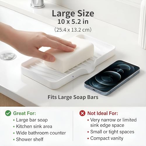 Silicone Soap Dish Tray with Drain, Large 10" x 5.2" Self-Draining Soap Holder for Bathroom Vanity and Kitchen Counter, Non-Slip Vanity Organizer for Standard & Oversized Bars (White)