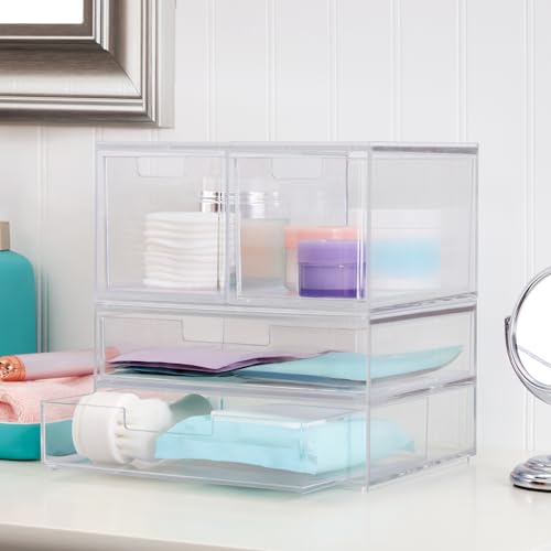 STORi Stackable Desk Organizer Drawers, Clear Pen Pencil Makeup Brush Holder for Desktops and Vanities, 4 Multi-size Drawers (Made in USA) - style: Combo Drawer Set