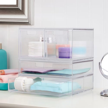 STORi Stackable Desk Organizer Drawers, Clear Pen Pencil Makeup Brush Holder for Desktops and Vanities, 4 Multi-size Drawers (Made in USA) - style: Combo Drawer Set