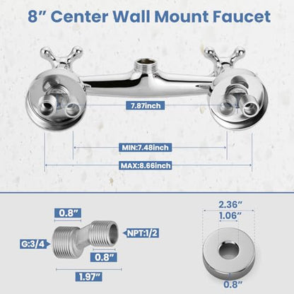 Airuida 8 Inch Center Chrome Polish Wall Mount Kitchen Sink Faucet | Double Cross Handle,Adjustable Center,6 Inch(15cm) Spout - color: Chrome Polish