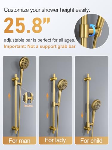 Woindo Shower Faucet Set with Slide Bar, 12" Rain Shower Head/8'' Side Shower Head and 10 Setting Handheld Ceiling Mount 3 Push Button Diverter Complete Rainfall Shower System Included Valve Trim Kit - color: Brushed Gold, style: 12"-R-Ceiling-02