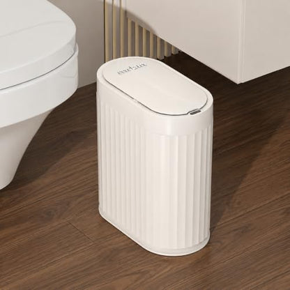 MRBIN Small Trash Can for Bathroom, Automatic Touch Less Garbage Bin with Lid, 2 Gallon Plastic Slim Waste Basket for Office and Kitchen, Electric Motion Sensor Bedroom Bin, Cream White - color: White, style: Acrylonitrile Butadiene Styrene