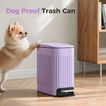 TrashAid 1.6Gal Slim Bathroom Trash Can with Lid Soft Close & Pedal, Purple | Removable Inner Bucket, Stainless Steel Garbage Can, Small Wastebasket for Toilet/Office/Bedroom, Retro Design, Odor Control - color: Purple