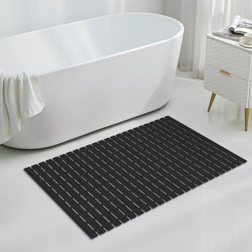 OTHWAY Large Shower Mat, 35.4 x 24 Inch No Suction Cup Shower Mat Non Slip, Quick Drain Non Slip Shower Mats for Inside Shower, Heavy Duty Curlable PVC Stand up Shower Floor Mat, Black - color: Black