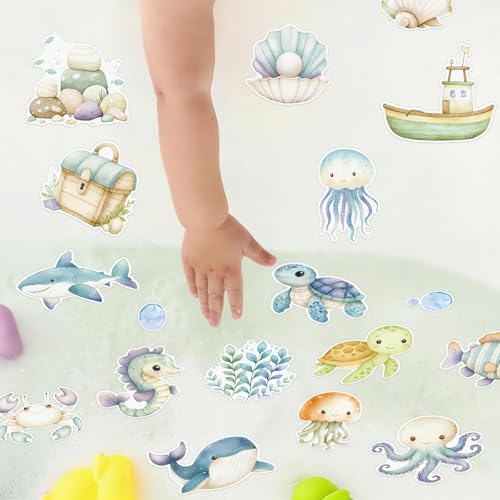 Whaline 24Pcs Ocean Animal Bathtub Non Slip Stickers Cute Sea Creature Anti Slip Adhesive Shower Decals with Scraper for Summer Bathroom Shower Floor Stairs Decor