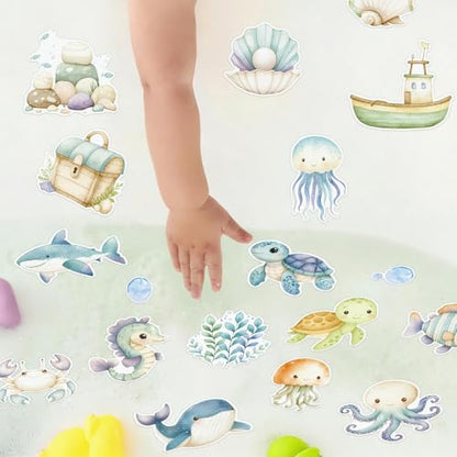 Whaline 24Pcs Ocean Animal Bathtub Non Slip Stickers Cute Sea Creature Anti Slip Adhesive Shower Decals with Scraper for Summer Bathroom Shower Floor Stairs Decor