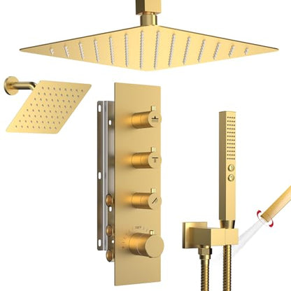 Shower Faucet Set,Thermostatic Shower System Brushed Gold,12 Inch Ceiling Mounted and 6 Inch Wall Mount Rain Shower Head with 2 in 1 Handhled,High Pressure Dual Shower Head Combo Set - color: Gold, size: 12"-1