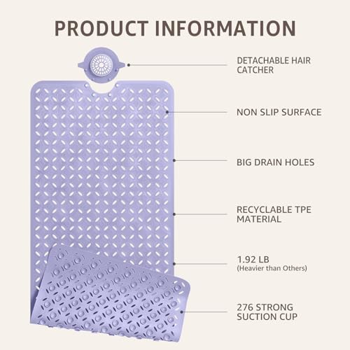 OTHWAY Bath Mat for Tub Non Slip: 39" X 17" Long Bathtub Mat with Hair Catcher│Big Drain Holes Shower Mats for Inside Shower│Machine Washable (Lavender) - color: Lavender