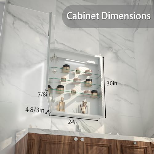 24 x 30" Wall-Mounted LED Bathroom Medicine Cabinet, Anti-Fog, 3 Color Temp | Surface-Mount/Recessed, Double-Sided Mirror Cabinet with DTC Silent-Close Hinges, Adjustable Tempered Glass Shelf - size: 24W x 30H Inch