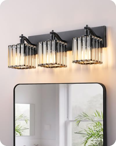 EDISHINE Modern 20.47'' 3-Light Black Crystal Bathroom Vanity Light Fixture | E26 Socket, Durable Metal Base, Wall Sconce for Powder Room, Bedroom, Dressing Areas - color: Black