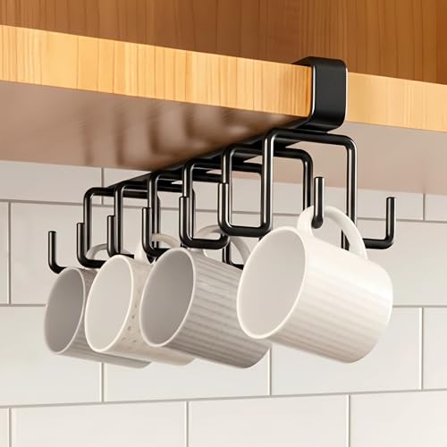 Mug Holder,12 Hook Rail Cabinet Storage Hook,for Kitchen Bathroom Door Mounted Wall Hook Organizer, Black,Double Row Design - color: Black, size: 12 Hook