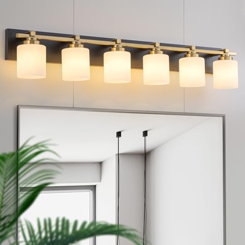 Modern Bathroom Light Fixtures Over Mirror, Vanity Lights for Bathroom Wall Sconces with Milky White Glass Shades, E26 Socket (Bulbs Not Included), 6 Light, Black Gold - color: Black Gold - Milky White Glass Shades, size: 6-Lights