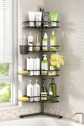 Standing Corner Shower Caddy - 4-Tier Rustproof Adjustable Shower Shelves | No Drill Floor Standing Shower Organizer, for Tall Shampoo, Conditioner, Fits Renters, Apartments, Bathtubs & Walk-in Showers