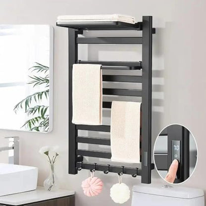 MOS Matte Black Electric Heated Towel Rack | Wall Mounted Towel Warmer with Digital Temperature Control Top Shelf Hooks Stainless Steel Towel Dryer for Bathroom - size: 21*66