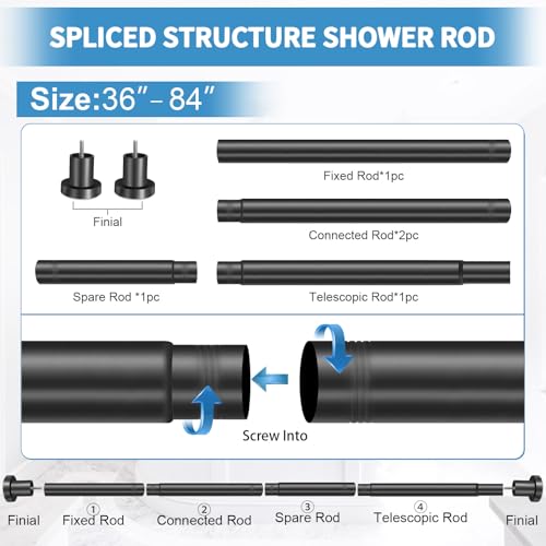 ZYRW Black Shower Curtain Rod 36-84 Inches (3-7ft) Non Rust Adjustable Shower Rod Spring Tension Non Slip No Drilling Stainless Steel Shower Rods for Bathroom Window - color: Matte Black, size: 36"-84"