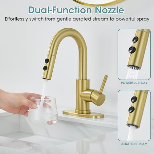 Brushed Gold Bathroom Faucet with Pull Down Sprayer, 2 Flow Mode | Modern Stainless Steel Bathroom Sink Faucet with Pop-up Drain and Hoses, RV & Outdoor Basins, for 1 or 3 Hole - color: Brush Gold