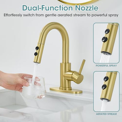 Brushed Gold Bathroom Faucet with Pull Down Sprayer, 2 Flow Mode | Modern Stainless Steel Bathroom Sink Faucet with Pop-up Drain and Hoses, RV & Outdoor Basins, for 1 or 3 Hole - color: Brush Gold