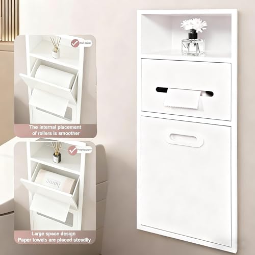 Stainless Steel Recessed Shower Nich with Built-in Trash Can(25.4X11.2IN) | Waterproof Bathroom Niche Built-In Alcove Toilet Paper Toiletries Storage Rack for Living Room Bedroom Hotel Residential - color: White