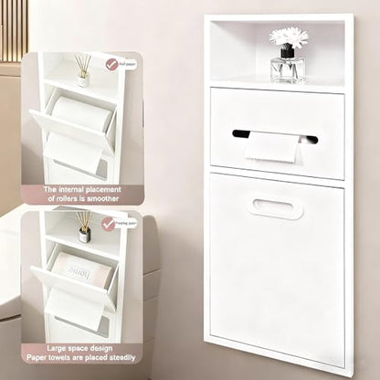 Stainless Steel Recessed Shower Nich with Built-in Trash Can(25.4X11.2IN) | Waterproof Bathroom Niche Built-In Alcove Toilet Paper Toiletries Storage Rack for Living Room Bedroom Hotel Residential - color: White