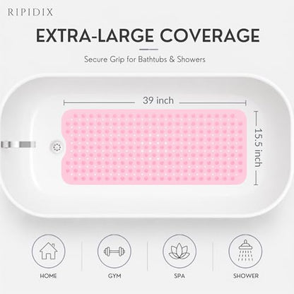 Non-Slip Bathtub Mat – 39"x15.5" Extra Long Shower Mat with Powerful Suction Cups & Drain Holes, Machine Washable Bath Mat for Tub, Foot Massage Texture, Helps Keep Tubs Clean, Clear Pink - color: Light Pink