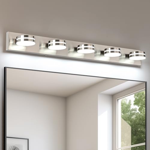 Brushed Nickel Bathroom Light Fixtures Over Mirror, 5-Light Bathroom Vanity Light, LED Dimmable Bath Lights, Modern Wall Mounted Lighting Fixture with Rotating Lamp Head - color: Nickel-Dimmable