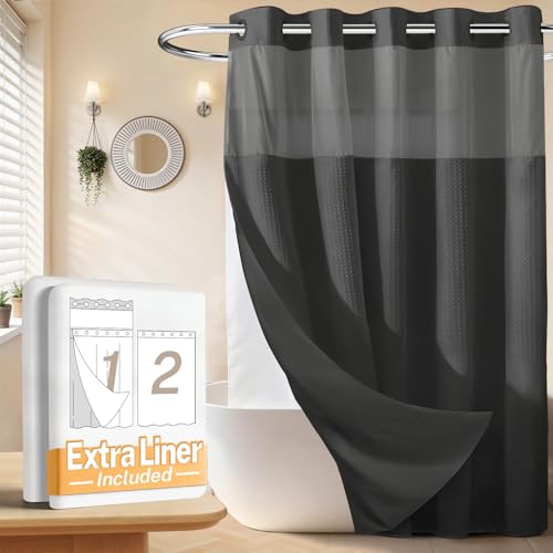 River Dream No Hooks Shower Curtain with 2 Snap in Liner, Dark Grey, 71x74 | Waffle Weave, 1 Attached Snap in Liner and 1 Extra Replacement Liner, Bathroom Curtains Shower Set, Hotel Grade, Spa Like - color: Graphite Grey