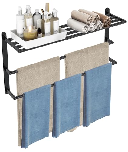 Matte Black 32 InchTowel Racks for Bathroom, VOTZAAQ Black Towel Shelf with Double Towel Bar, 3 Tier Stainless Steel Towel Storage, Bath Towel Holder Wall Mounted - size: 32 Inch