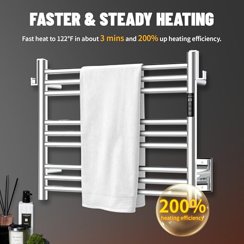 K&KALONZO Wall-Mounted 9-Bar Heated Towel Rack, Fast Heat in 2 Min, NTC Safety | 4 Timers & 3 Heat Levels Control, Plug-In/Hardwired, Top Hooks, Memory Function, Anti-Scald, Stainless Steel, EL13SP - color: Polished, size: H 19.7 x W 23.6