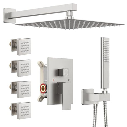 Iriber Brushed Nickel Square Rain Shower System with 4 PCS Body Jets 3 Function Shower Faucet Set Wall Mounted Pressure Balance Shower Trim Kit (Valve Included) - color: Brushed Nickel 03