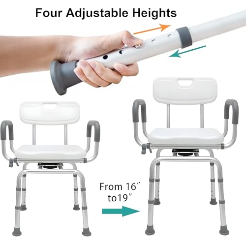 PETKABOO 360 Degree Shower Chair Swivel,Portable Seat with Armrests and Back, Adjustable Height Seat for Bathtub (White1)