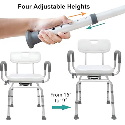 PETKABOO 360 Degree Shower Chair Swivel,Portable Seat with Armrests and Back, Adjustable Height Seat for Bathtub (White1)