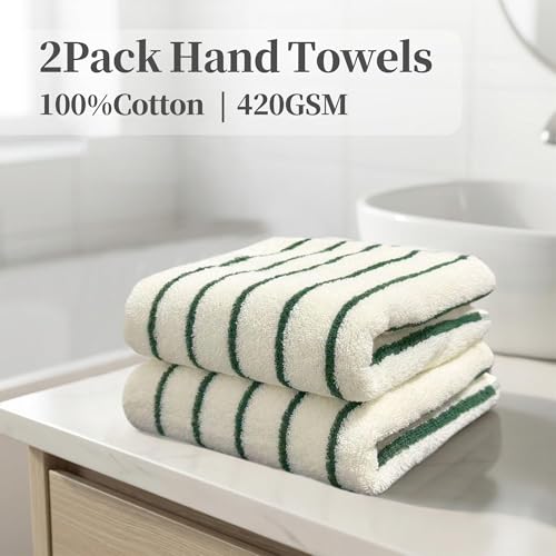 VOOVA & MOVAS Hand Towels with Loop, 100% Cotton, 13x28 in,Green Striped | 2 Pack, Ideal for Bathroom & Kitchen Daily Use, 420GSM Medium Weight, Ultra Absorbent, Soft & Durable - color: Green Stripe
