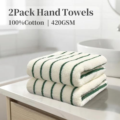 VOOVA & MOVAS Hand Towels with Loop, 100% Cotton, 13x28 in,Green Striped | 2 Pack, Ideal for Bathroom & Kitchen Daily Use, 420GSM Medium Weight, Ultra Absorbent, Soft & Durable - color: Green Stripe