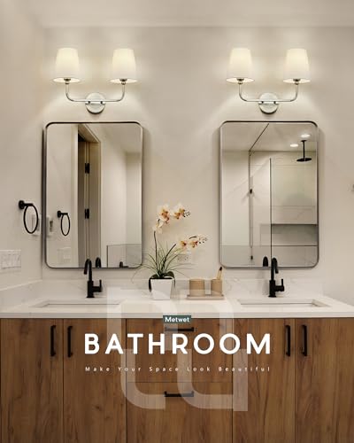 2-Light Brushed Nickel Bathroom Vanity Light, White Fabric Shades | 17" double wall sconce, upward only, E26 base, hardwired, bulbs not included, VL837-BN-2 - color: Brushed Nickel, size: 2-light