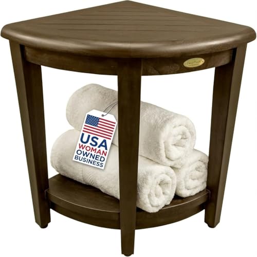 DecoTeak Snazzy Corner Waterproof Teak Wood Shower Bench Stool Seat Chair For Inside Shower Provides Safety, Storage, and Organization For Bathroom Accessories Brown | Corner teak shower bench with 2-tier storage shelf fits small or large showers while or