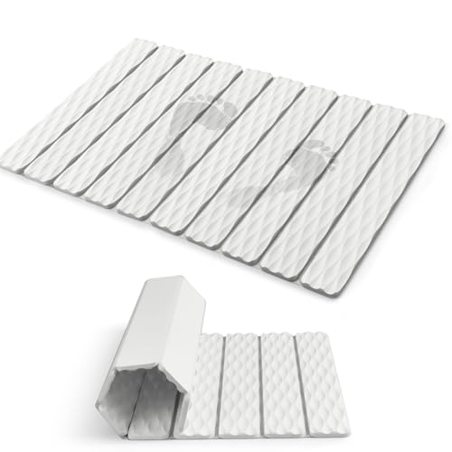 Foldable Stone Bath Mat, Quick-Dry Diatomaceous Earth Stone Drying Mat for Bathroom, Non-Slip Rubber Base, Shower Mat Outside Shower, Easy to Store, Easy to Clean 【White】